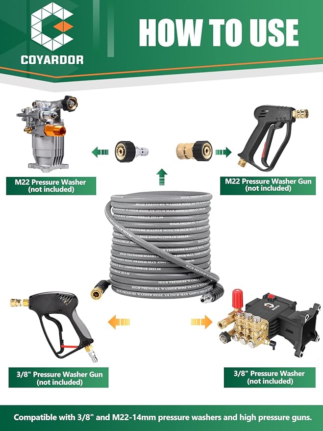 3/8" Pressure Washer Hose 125 FT 4500 PSI, Steel Braided Layer & NonMarking Rubber for Hot/Cold Water High Power Washer Replacement With 3/8 Inch Quick Connect & M22 Fitting, Industrial-grade