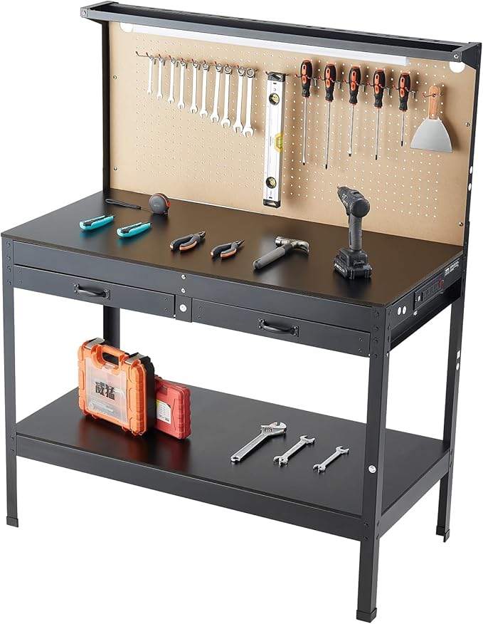 VEVOR Hardwood Workbench, 242.5 lbs Weight Capacity, 47.2-inch Heavy Duty Workbench with Pegboard, 4 AC Outlets & 2 USB Ports, 1.5m Cable & 30 Hooks, Garage Work Bench with Drawer for Workshop
