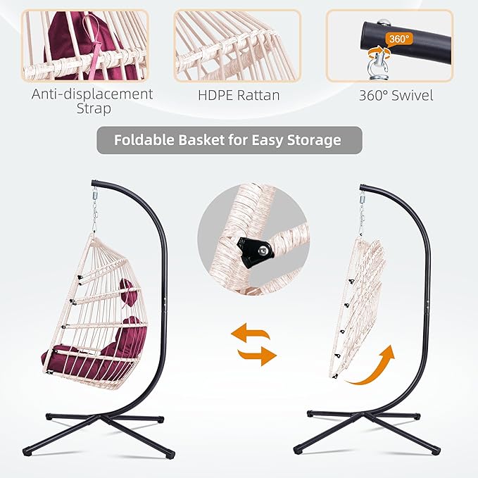 Outdoor Egg Hanging Chair with Stand Patio Wicker Swing Chair for Indoor Outdoor Use Rose Red Color Foldable Design 350lb Capacity