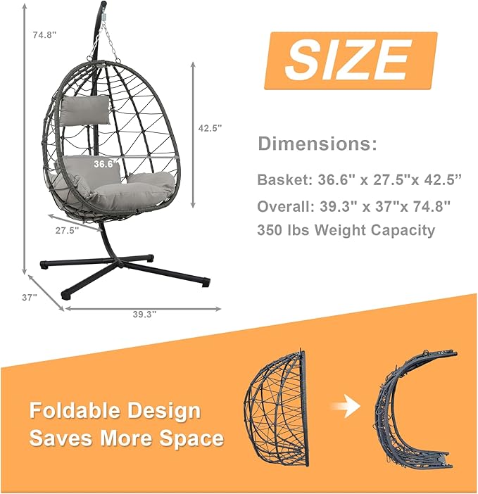 Hanging Egg Chair with Stand Egg Chair Indoor Outdoor, Patio Swing Hammock Egg Chairs, UV Resistant Removable & Washable Thicken Padded Cushions, 350LBS Capacity for Bedroom, Balcony, Garden