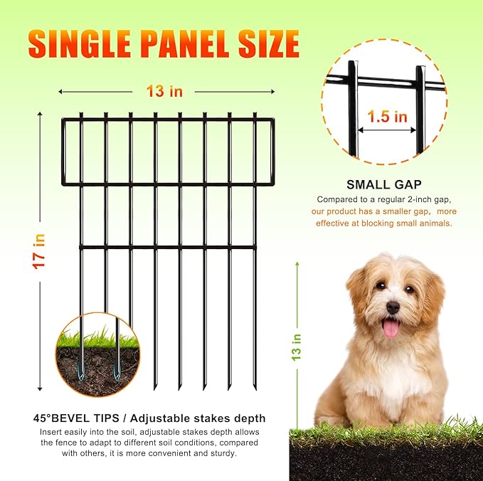 Animal Barrier Fence No Dig 46pcs Garden Fence 50ft(L) X17 H Dog Fence Panels 1.5" Gap No Dig Garden Fence Borders for Yards, Metal Fence Panels Outdoor Rustproof