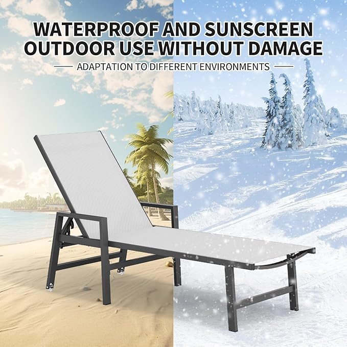 Aluminum Chaise Lounge Chair Outdoor (Set of 2) -Patio Lounge Chair with Wheels and 5-Position Adjustable Backrest and Outdoor Recliner Full Flat Tanning Chair for Beach,Patio,Lawn,Pool,White