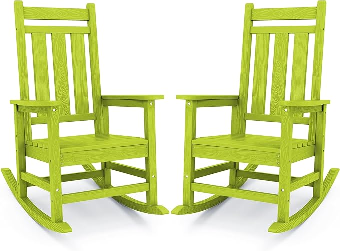 KINGYES Outdoor Rocking Chairs Set of 2, All-Weather Patio Rocking Chair for Porch, HDPE Rocking Outdoor Chairs with High Back for Adult, Heavy Duty Outdoor Patio Rockers for Garden, Lawn, Apple Green