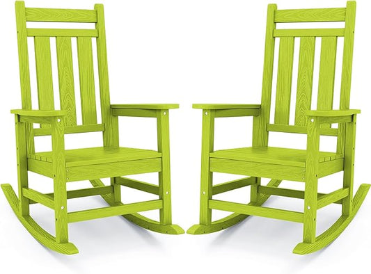 KINGYES Outdoor Rocking Chairs Set of 2, All-Weather Patio Rocking Chair for Porch, HDPE Rocking Outdoor Chairs with High Back for Adult, Heavy Duty Outdoor Patio Rockers for Garden, Lawn, Apple Green