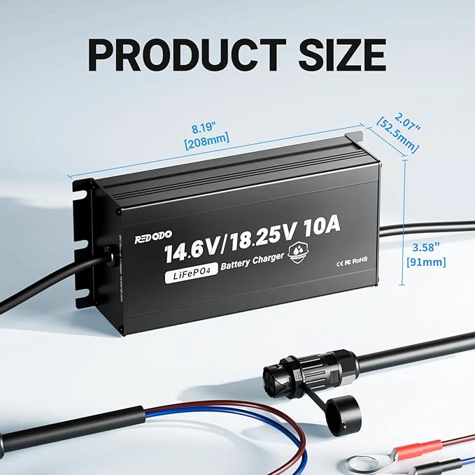 Redodo 14.6V/18.25V 10A Lithuim Battery Charger for Lithium Iron Phosphate Battery,Support Fast Charging,with IP65 Waterproof Design,LED Indicators,Designed for Deep Cycle LiFePO4 Battery Charging