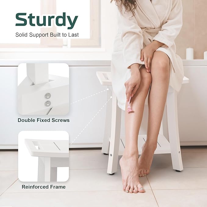 HIPS Shower Benches for Inside Shower, Waterproof Shower Stool with Storage Shelf & Adjustable Feet, SPA Bathroom Seat Chair for Shaving Legs, Indoor or Outdoor Use, White