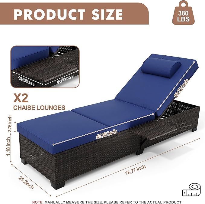 Outdoor PE Wicker Chaise Lounge Chairs, Set of 2, Modern Style, Blue, Rattan & Steel Frame, Adjustable Backrest, Comfortable Cushion & Head Pillow, Side Shelving, Indoor/Outdoor Use