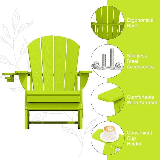 Folding Adirondack Chair, HDPE All-Weather Patio Chairs for Outdoor, Patio, Lawn, Garden, Backyard Deck, Fire Pit - Apple Green