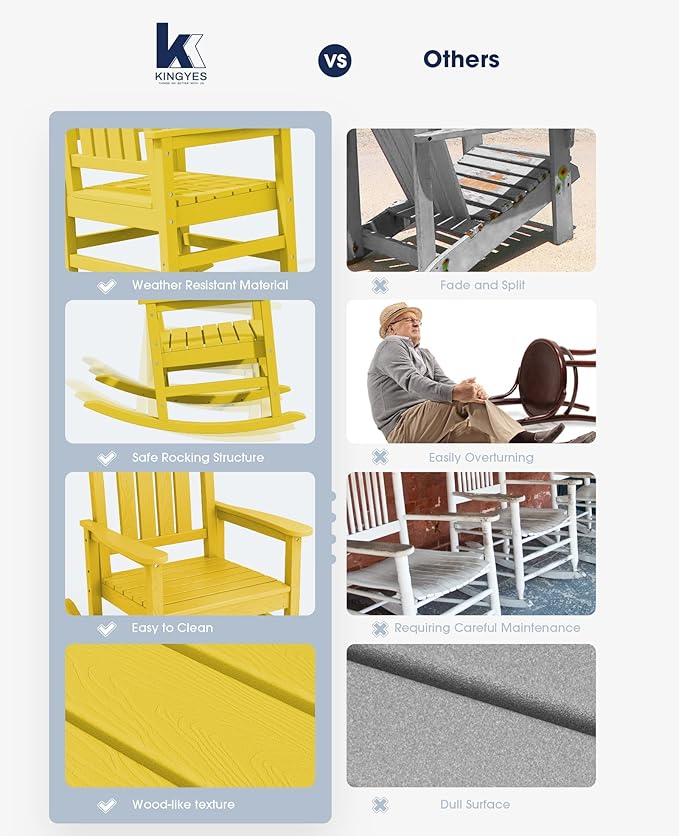 KINGYES HDPE Outdoor Rocking Chair Set of 4, All-Weather Poly Patio Rocking Chairs with 330lbs Support for Adults, Yellow