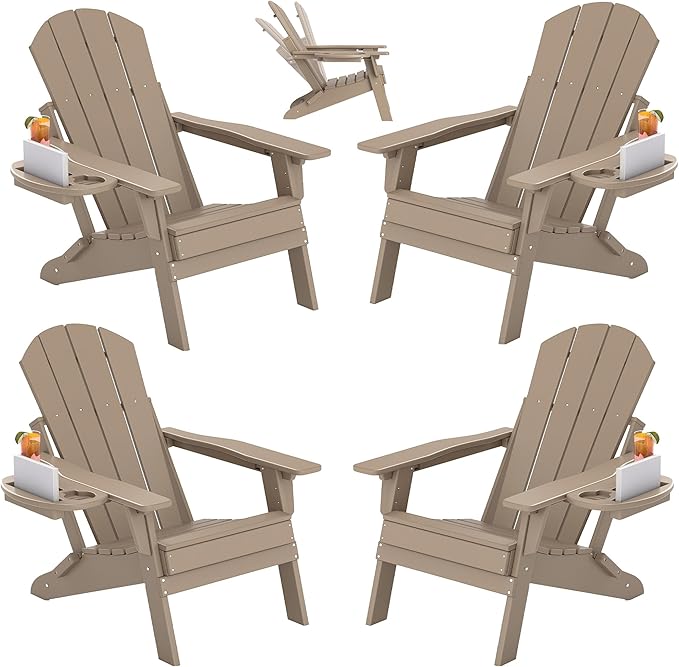 FOOWIN Folding Adjustable Adirondack Chair Set of 4,HDPE Adirondack Chair w/4 in 1 Cup Holder Trays,All-Weather Resistant Fire Pit Chair, Outdoor Chair for Patio Lawn Poolside,400lbs,Brown