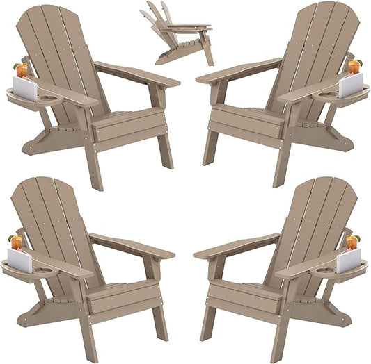 FOOWIN Folding Adjustable Adirondack Chair Set of 4,HDPE Adirondack Chair w/4 in 1 Cup Holder Trays,All-Weather Resistant Fire Pit Chair, Outdoor Chair for Patio Lawn Poolside,400lbs,Brown