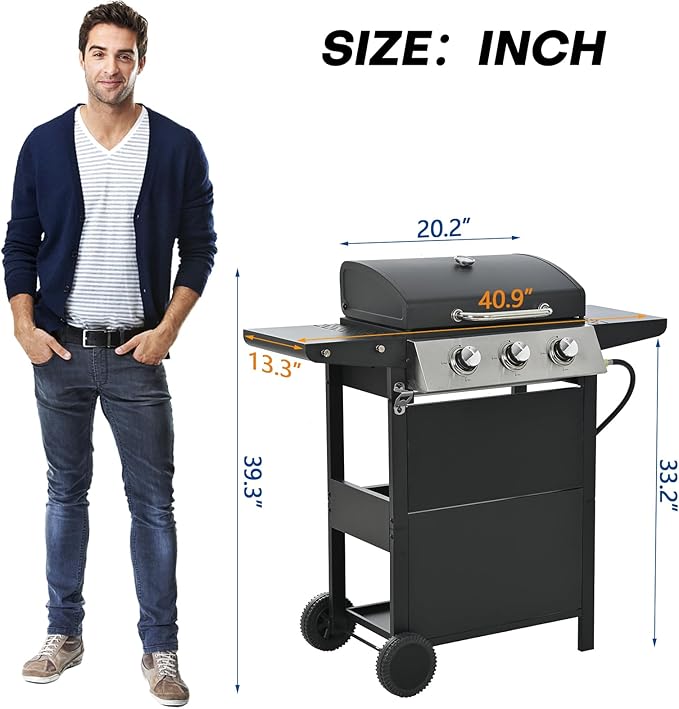 3 Burner Propane Gas Grill, 26,000 BTU Stainless Steel BBQ Grill with Foldable Shelves, Thermometer, Wheels, Ideal for Patio, Backyard, Outdoor Cooking, Barbeque