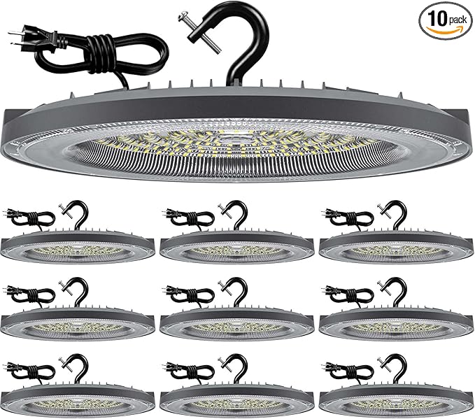THELUX 200W 10Pack UFO Led High Bay Lights 5000K 28000LM(Equiv.800WMH/HPS), High Bay Led Shop Lights with US Plug&5Ft Cable Commercial Lighting Fixture for Warehouse,Garage,Gym,Workshop,Barn etc.