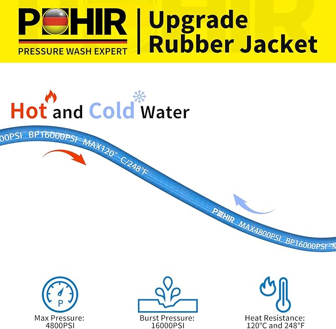 POHIR 100ft Pressure Washer Hose 3/8" 4800 PSI, Kink Resistant Industrial Grade Hose with Quick Connect Ends and Adapters for Hot & Cold Water up to 248°F, Steel Wire Braided Hose for Power Washing