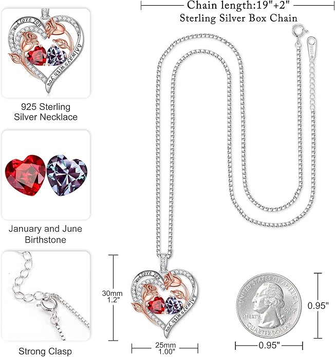 Iefil Christmas Gifts for Women Wife - 925 Sterling Silver Rose Heart Birthstone Necklace Birthday Anniversary Jewelry Gifts for Her Wife Mom Daughter
