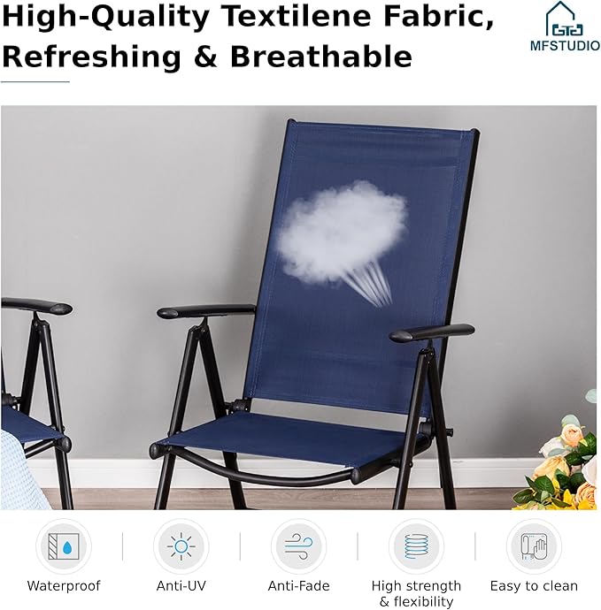 MFSTUDIO Patio Folding Chairs Set of 4, Outdoor Patio Dining Chairs, Portable Blue Sling Patio Chairs, 7 Levels Adjustable Sling Back Chairs for Backyard Lawn Garden