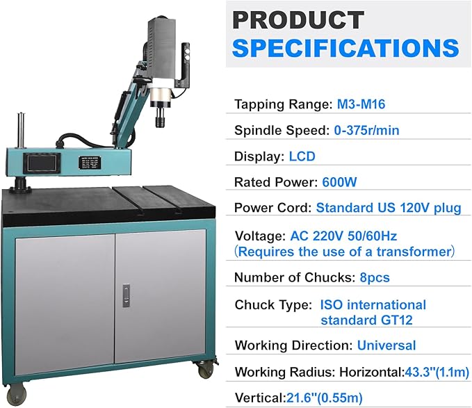 Doppy Electric Tapping Machine M3-M16,360° Multi-directions Tapping Machine 0-375rpm/min,8PCS Collets,Rated Power 600W,Voltage AC 220V,for Machinery Manufacturing,Mould machinery and other industries
