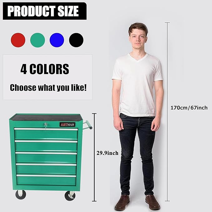 5 Large Drawers Tool Cart on Wheels,Rolling Tool Chest Tool Storage,Drawers Rolling Tool Trolley Organizer Tool Case for Garage, Warehouse, Workshop, Repair Shop (5 Large Drawers-29.3"H-Green)