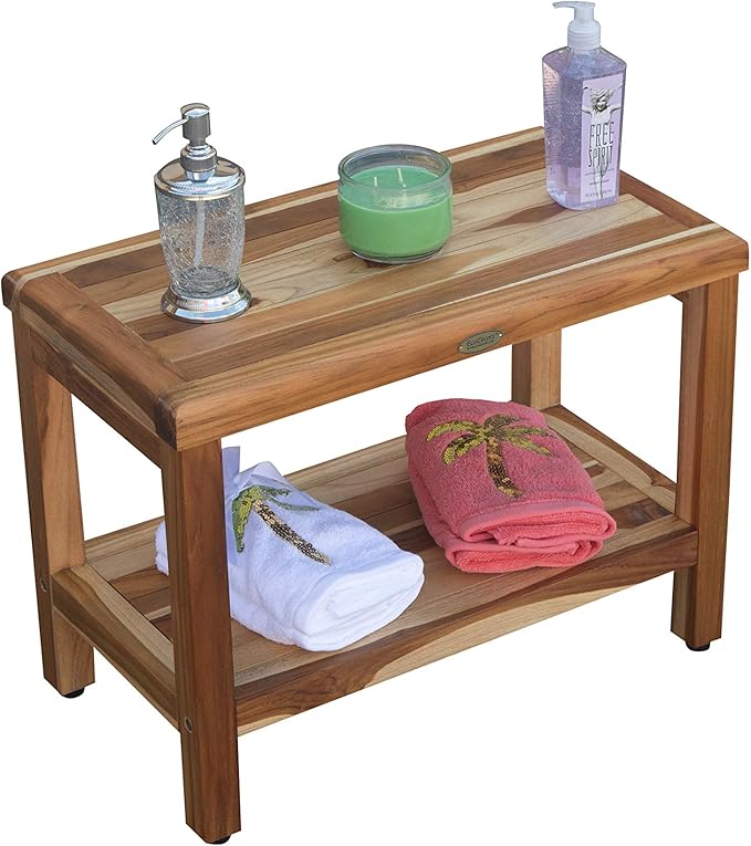 EcoDecors Eleganto 24 Inch Natural Color Waterproof Teak Wood Shower Bench Stool Seat Chair For Inside Shower Provides Safety, Storage, and Organization For Bathroom Accessories