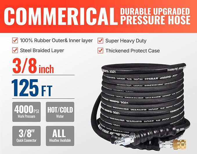 YAMATIC 3/8" Kink Resistant Pressure Washer Hose 125FT, Swivel 3/8" Quick Connector, 4000 PSI High Durability Cold Hot Water Max. 212°F, Fit Most Residential and Commercial Pressure Washer