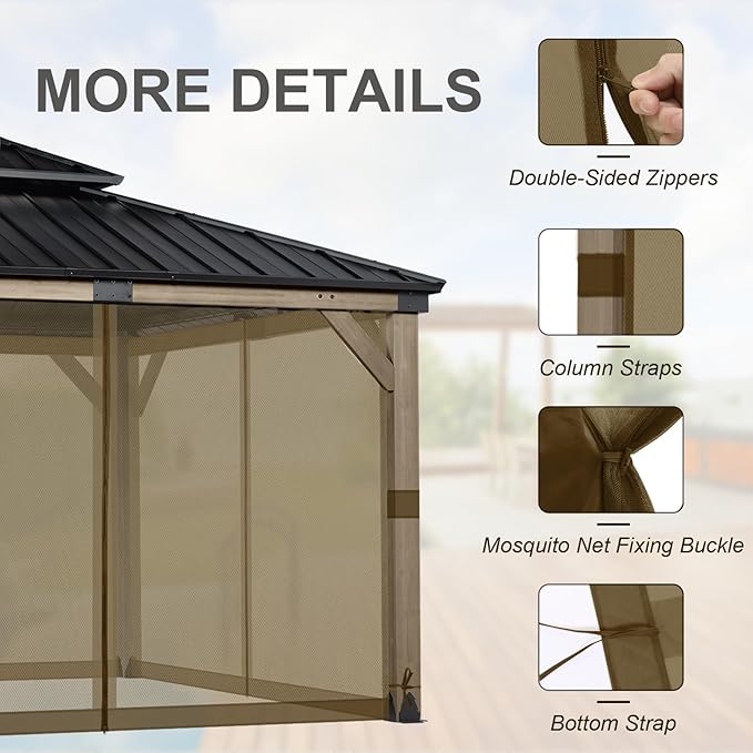 BPS 10' x 12' Gazebo Universal Mosquito Netting Screen Replacement, 4-Panel Screen Walls with Double Zippers for Outdoor Patio, Brown (Mosquito Net Only)