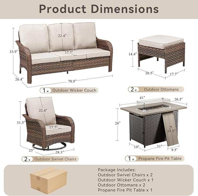 Patio Furniture Set with 42.5" Fire Pit Table-6 Pieces All Weather Wicker Outdoor Furniture with High Back Swivel Patio Chairs Set of 2 Outdoor Couch for Deck Balcony Backyard Brown/Beige