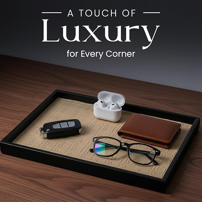 Solvane Wooden Serving Tray in Black – 15x11in Rectangular Ottoman & Coffee Table Tray, Decorative Wood Tray with PU Leather Base for Living Room, Kitchen, Bathroom & Vanity