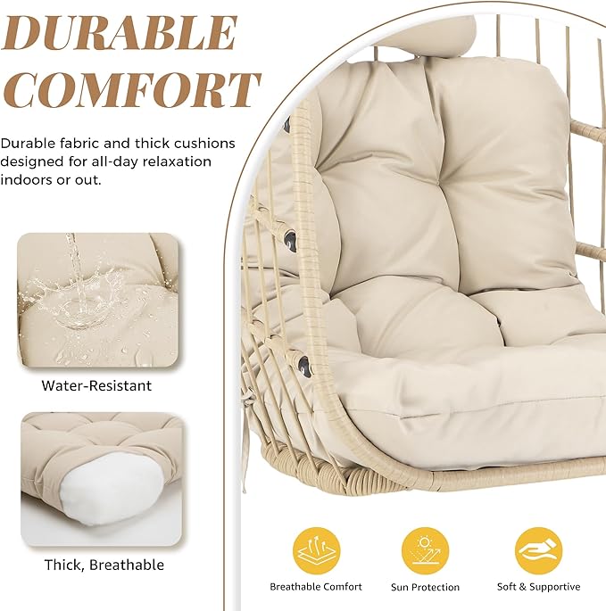BLUEXYARD Indoor Swinging Egg Chair with Stand, 350 Lbs Water-Resistant Wicker Hanging Hammock Chair with Comfy Cushion, Outdoor Heavy-Duty Eggshell Basket for Balcony Patio Bedroom Garden, Beige