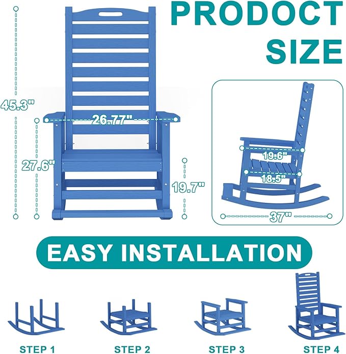 Outdoor Rocking Chair Set of 8 with Removable Footboard for Adults, HDPE High Back Patio Rocking Chairs, 330lbs All Weather Porch Rocking Chairs for Outdoor & Indoor -Navy Blue
