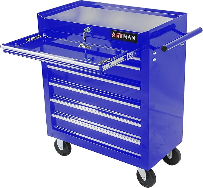 7 Drawers Rolling Tool Cart on Wheels, Trolley Organizer Tool Case Tool Chest, Multifunctional Tool Storage Tool Box for Workshop, Garage, Warehouse, Repair Shop (7 Drawers-29.9" H-Blue)