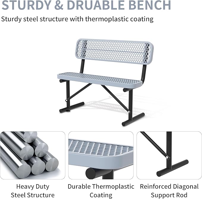 4 Feet Heavy Duty Metal Park Bench for Outside, Outdoor Bench with Backrest & Portable Frame, Commercial Benches for Shopping Malls, Stores, Parks, Patios, Decks, Grey