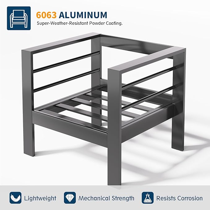 UDPATIO 8 Piece Aluminum Patio Furniture Set with Wicker Fire Pit Table,Mordern Outdoor Furniture Set with Water-Proof Cover Included, Dark Grey/Navy