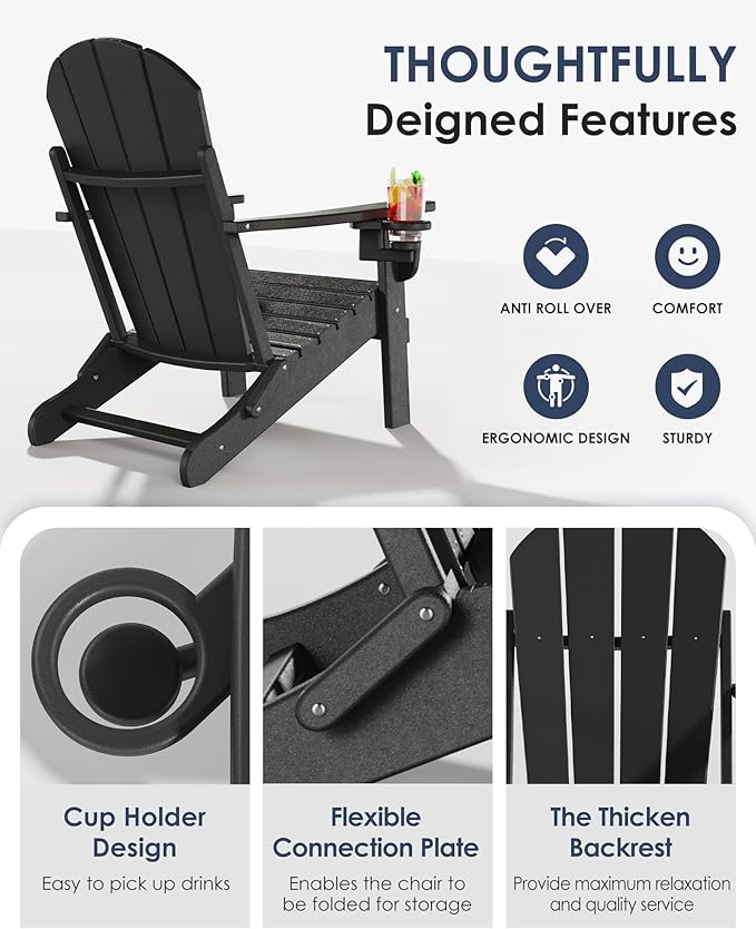 Folding Adirondack Chairs, All-Weather Resistant HDPE Patio Firepit Chairs, Sturdy Outside Chairs with Cup Holder, Lawn Chairs, 80% Pre-Installed Load Capacity 385lb, Black