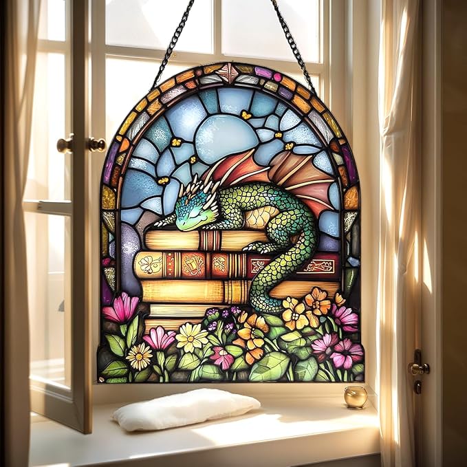 Book Dragon Christmas Ornament Bookish Acrylic Suncatcher Stained Glass Effect Window Hanging for Book Lover Fantasy Reading Nook Decor Gift for Librarian Readers