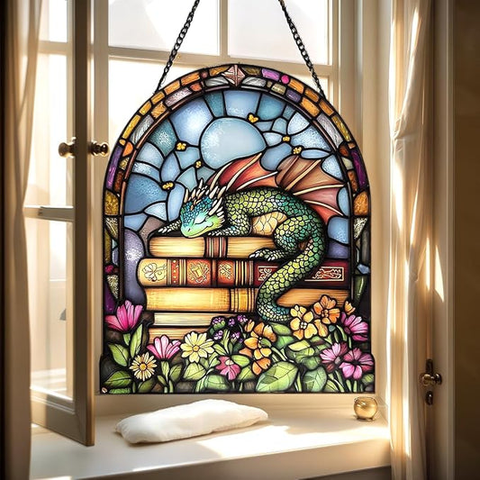 Book Dragon Christmas Ornament Bookish Acrylic Suncatcher Stained Glass Effect Window Hanging for Book Lover Fantasy Reading Nook Decor Gift for Librarian Readers