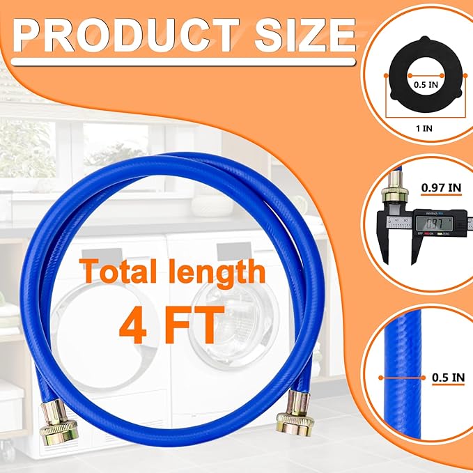Cenipar 4FT Rubber Washing Machine Hoses Burst Proof 2 Pack For Hot and Cold Water 3/4" NPT Connection Water Supply Lines Fit for ALL Washing Machine