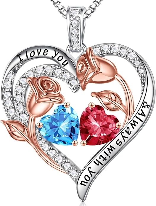 Iefil Christmas Gifts for Women Wife - 925 Sterling Silver Rose Heart Birthstone Necklace Birthday Anniversary Jewelry Gifts for Her Wife Mom Daughter