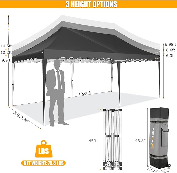 HOTEEL 10x20 Pop Up Canopy, Outdoor Easy Setup Party Tent, Waterproof Portable Enclosed Event Shelter with Wheeled Bag, Weight Bag for Backyard, Vendor, Black