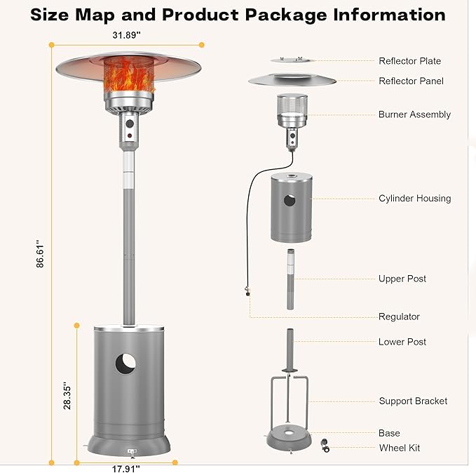 50,000 BTU Propane Patio Heater, Double-Layer Stainless Steel Burner, Round Table Design with Wheels, Outdoor Space Heater for Garden, Patio & Residential Use, Grey
