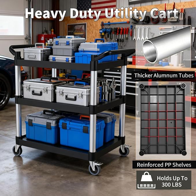 Plastic Utility Carts with Wheels, 3-Tier Rolling Service Cart, 300 lbs Heavy Duty Capacity with 4 inch Silent Casters(2 Lockable), for Home, Office, Restaurant, Warehouse.31.5"× 16" × 38"
