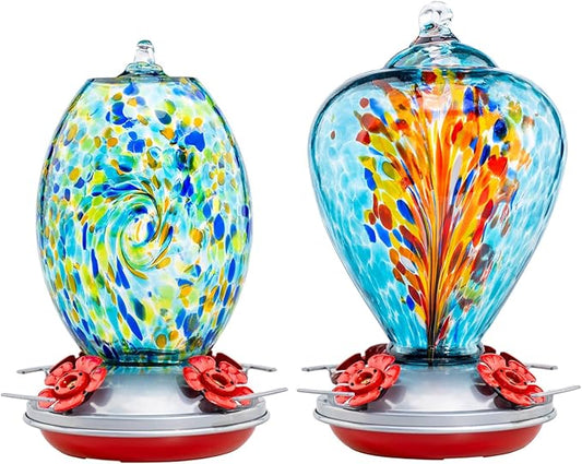 Muse Garden Gifts for Women Glass Hummingbird Feeder for Outdoors Hanging, Birthday Mother‘s Day Christmas Valentine Hummingbird Gifts for Women Mom, Ant Moat Included, 2 Pack, Comet and Starry Night