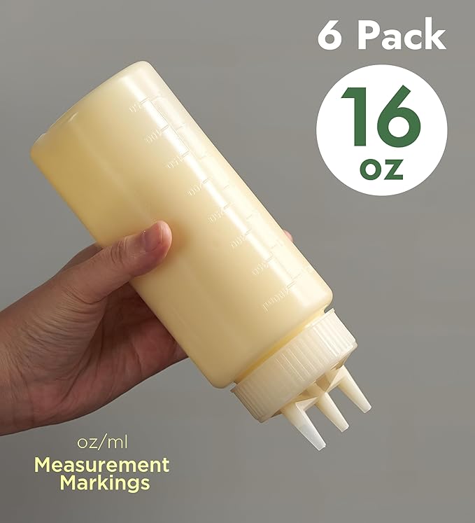 CURTA 6-Pack 16 oz Clear Squeeze Bottle with 3 Open Tips, BPA-Free Easy-to-Squeeze Plastic Condiment Dispenser with oz & ml Markings for Sauce, Oil, Dressing, Dishwasher Safe, White