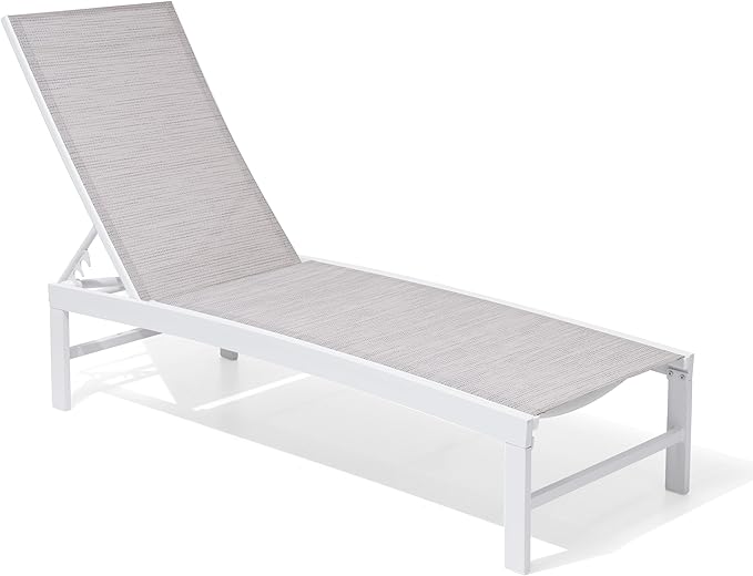 Patio Aluminum Chaise Lounge Chair, Outdoor Recliner Lounge Chair Sun Loungers, All Weather Chaise with 5 Adjustable Backrest and Lay Flat Positions for Garden, Balcony, Pool