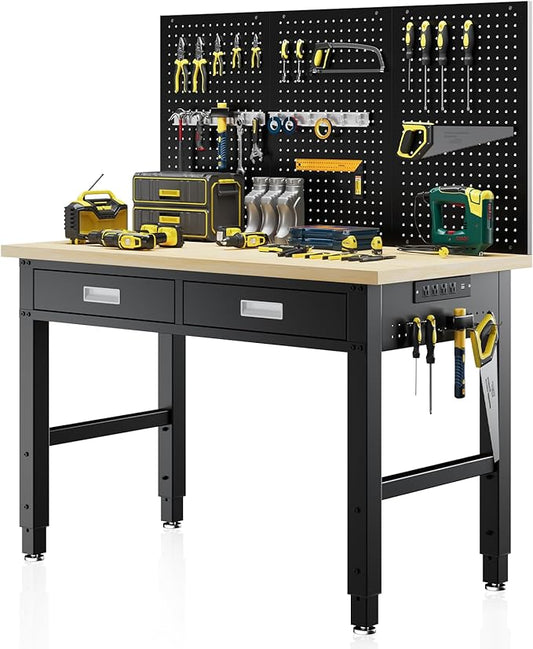 48" Heavy Duty Workbench with Power Outlets, Pegboard & Storage Drawers, 2000 LBS Capacity Rolling Work Table with Wheels, Hooks & Rack for Garage, Workshop, Office, Home