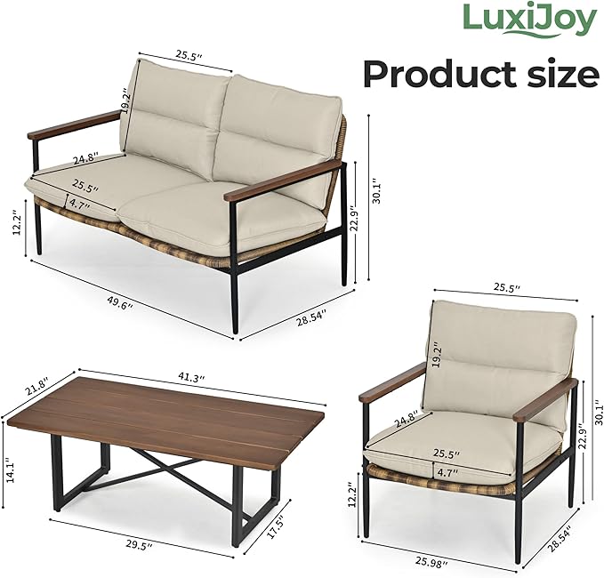 4-Piece Patio Furniture Sets, All Weather Rattan Patio Conversation Set with Aluminum Frame, Loveseat, 2 Chairs and Coffee Table, Smooth Wooden Armrest & Olefin Cushion for Yard Deck Porch