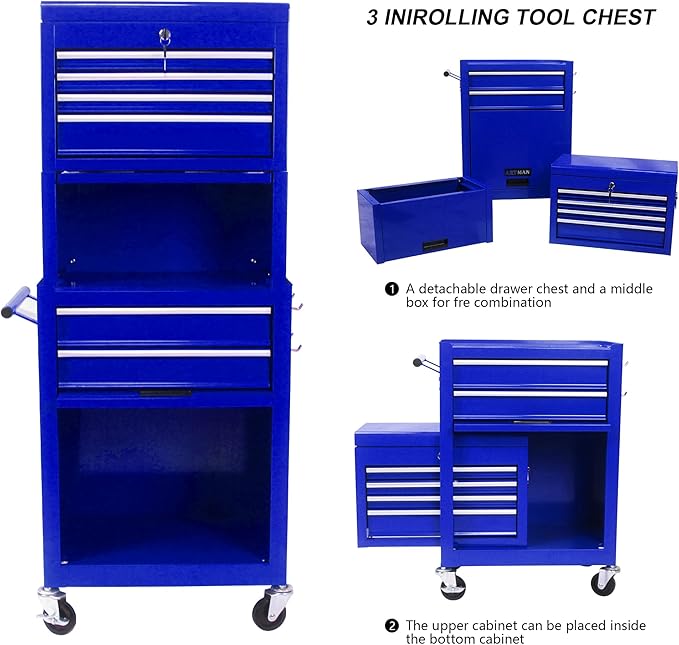 6 Drawers Rolling Tool Box Organizer,2 Tier High Capacity Tool Chest with Wheels,Lockable Rolling Tool Chest with 2 Cabinet,Detachable Tool Box Workshop Storage Cabinet (2 Tier-6 Drawers(Blue))