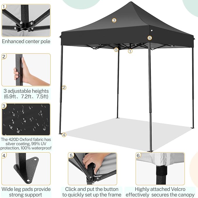 COBIZI 6.6x6.6 Heavy Duty Pop up Canopy Tent Without Sidewalls, Easy Set-up Commercial Outdoor Party Tent, 100% Waterproof Wedding Canopy Gazebo, 3 Height Adjustable with Carry Bag, Black