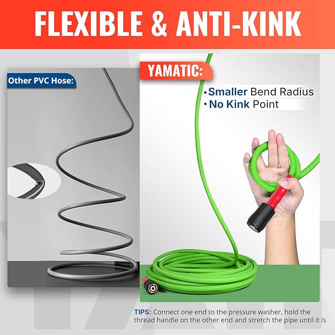 YAMATIC Super Flexible Pressure Washer Hose 30FT for Power Washer Replacement, Kink Resistant Extension With Leak-Free M22 Female & 3/8" Quick Connect Adapters, 1/4" 3200 PSI, Green