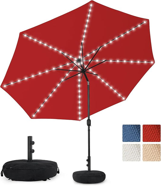Sundale Outdoor Olefin 5-Year-Non-Fading Solar 88 LED 10FT Solar Patio Umbrella with Sand Bag Base, Outdoor Umbrella with Tilt and Crank, Red