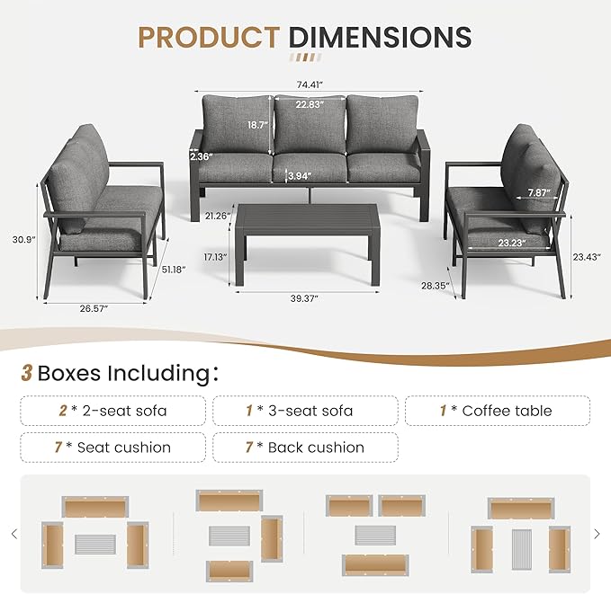 Aluminum Patio Furniture Set with Cushions 4-Piece Outdoor Sectional Metal Conversation Sofa Set with Coffee Table for Garden,Lawn,Backyard,Deck